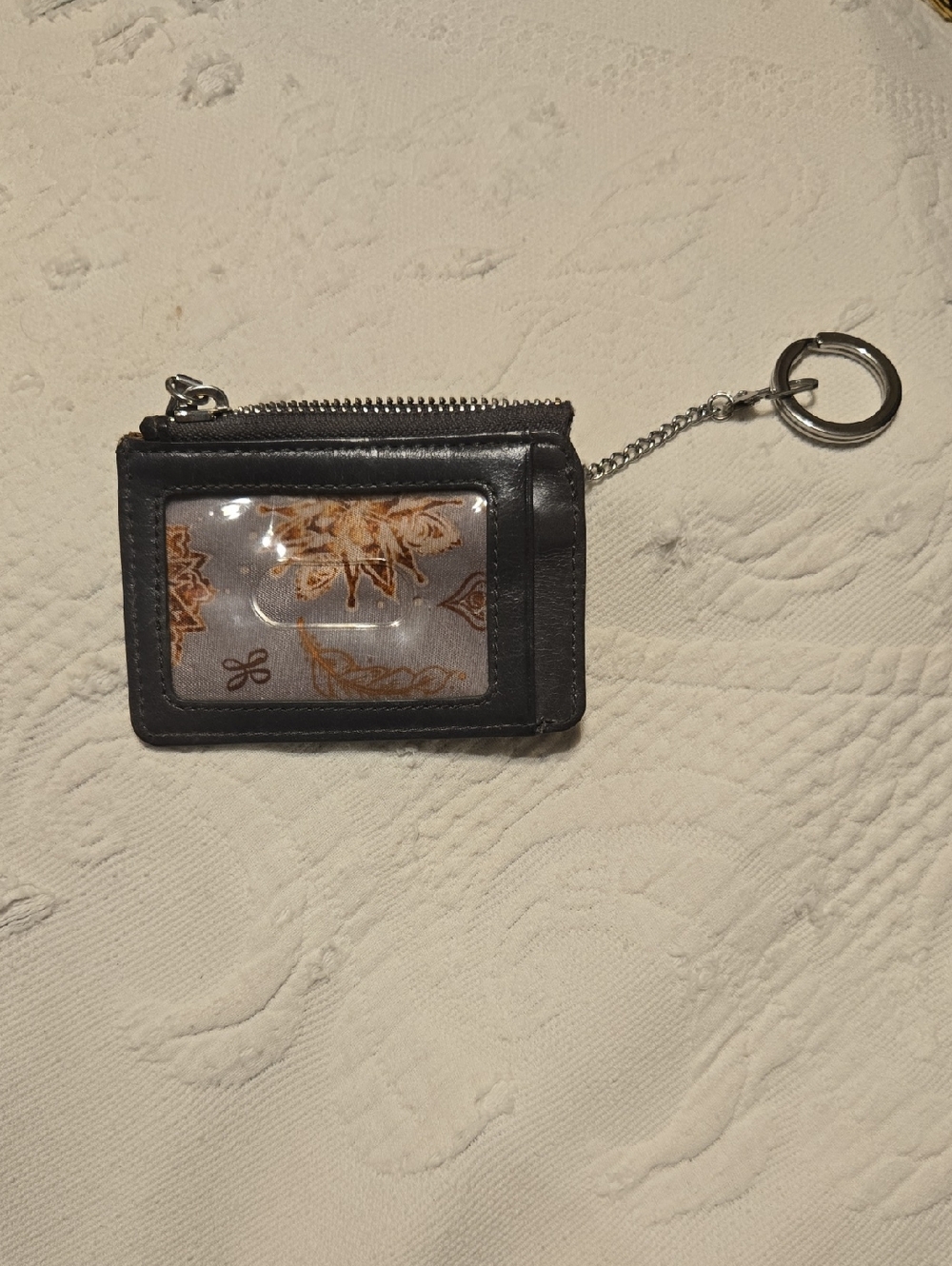HOBO Black Leather Cardholder Keychain with Clear ID Window and Patterned Insert
